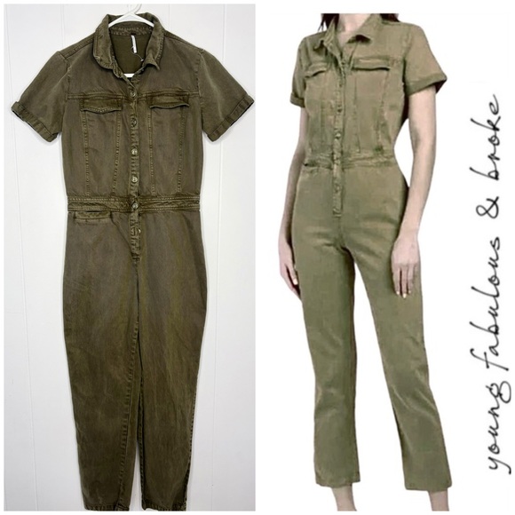 Young Fabulous & Broke Pants - Young Fabulous & Broke YFB Olive Green Denim Utility Jumpsuit Overall Size XS